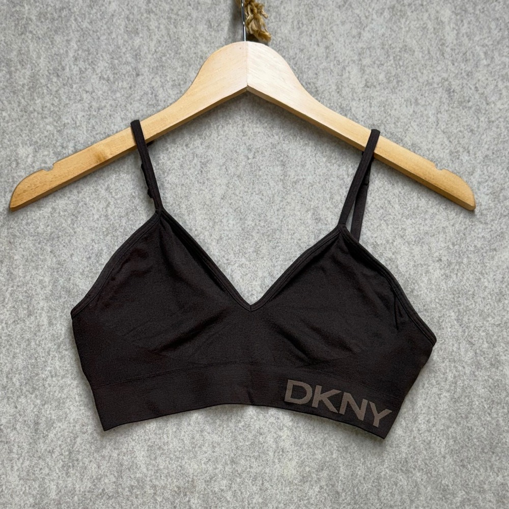 DKNY Womens Seamless Wireless Bralette Brown Logo Band Size L Adjustable Straps